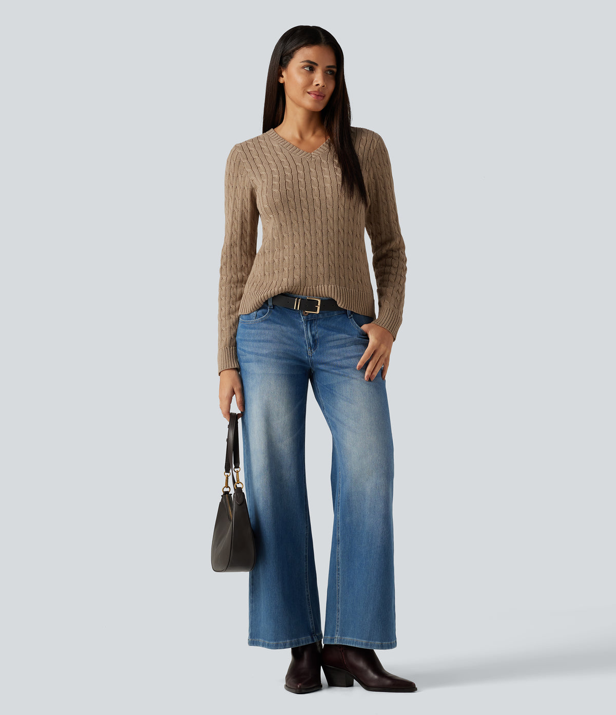 Cable Knit V Neck Long Sleeve Work Jumper — Bronzed Cider — view 7