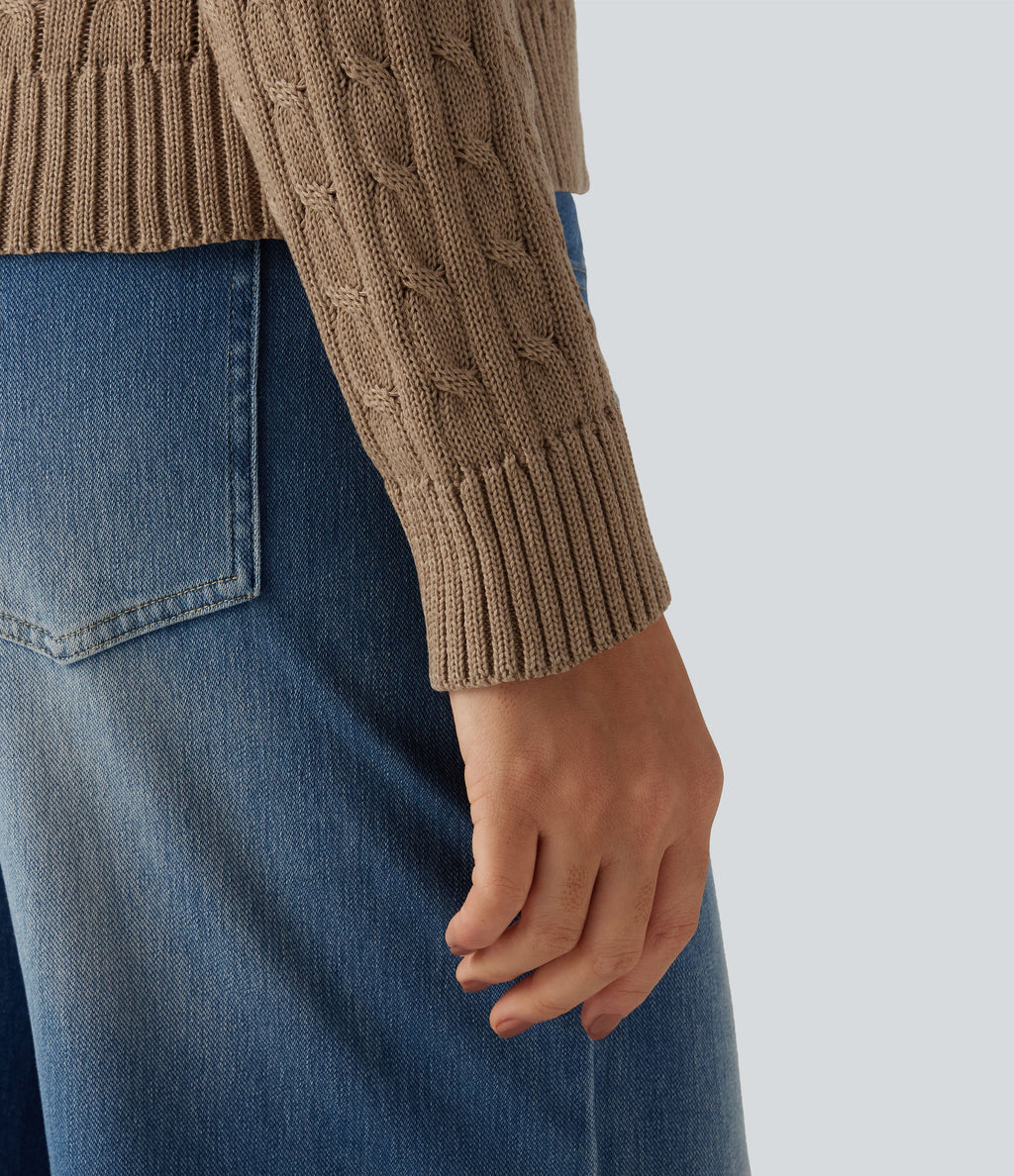 Cable Knit V Neck Long Sleeve Work Jumper — Bronzed Cider — view 6