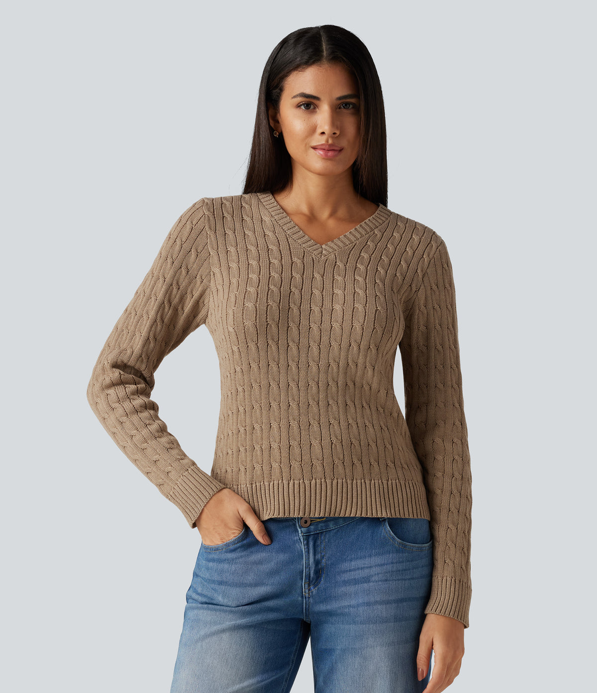 Cable Knit V Neck Long Sleeve Work Jumper — Bronzed Cider — view 4