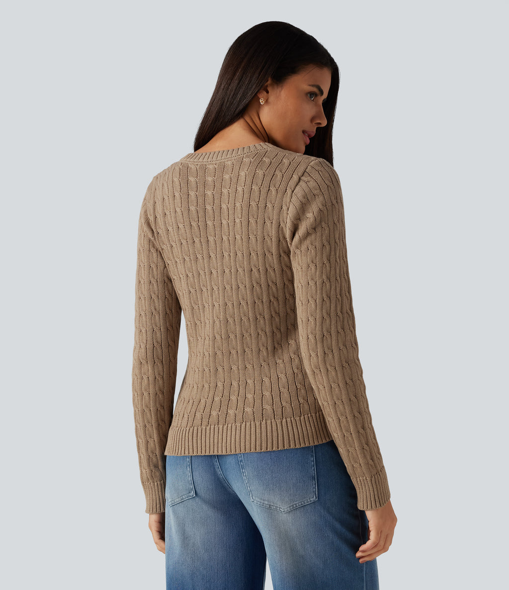 Cable Knit V Neck Long Sleeve Work Jumper — Bronzed Cider — view 2