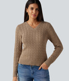 Cable Knit V Neck Long Sleeve Work Jumper — Bronzed Cider — view 1