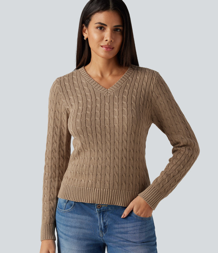 Cable Knit V Neck Long Sleeve Work Jumper — Bronzed Cider — view 1