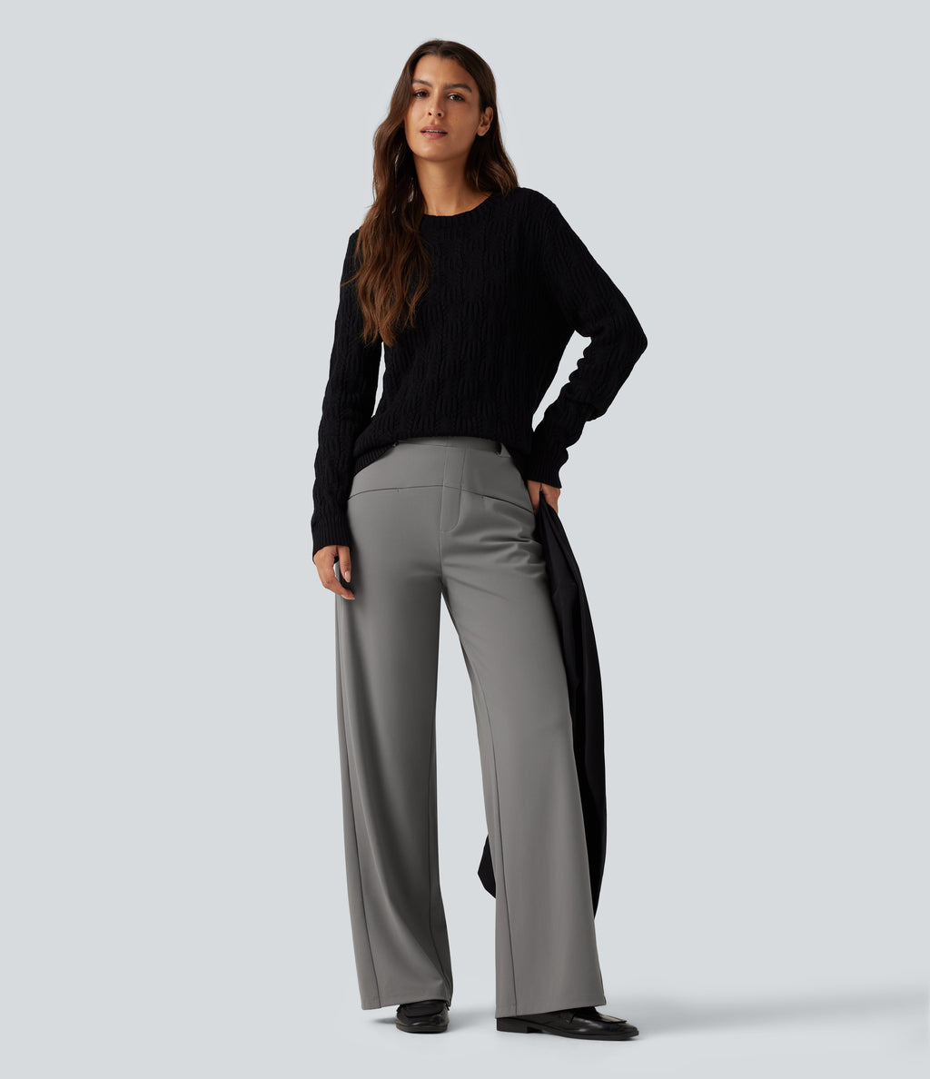 Mid Rise Wide Leg Work Trousers with Pockets — Silent Storm — view 6