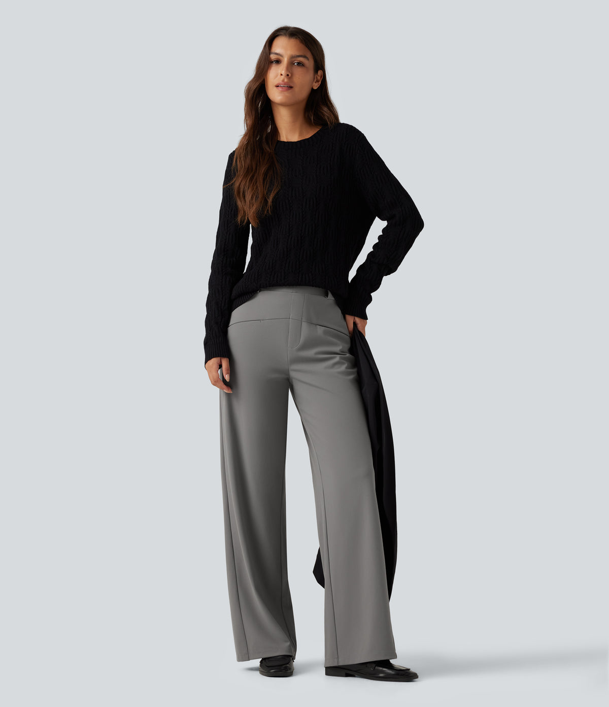 Mid Rise Wide Leg Work Trousers with Pockets — Silent Storm — view 6