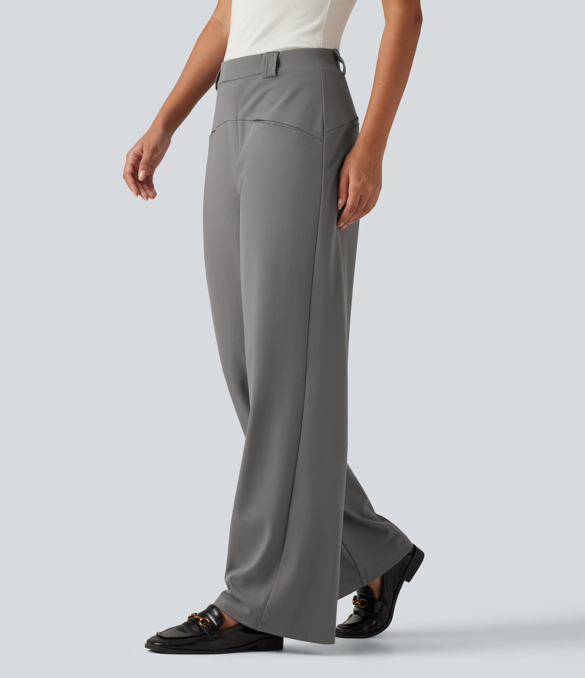 Mid Rise Wide Leg Work Trousers with Pockets — Silent Storm — view 1