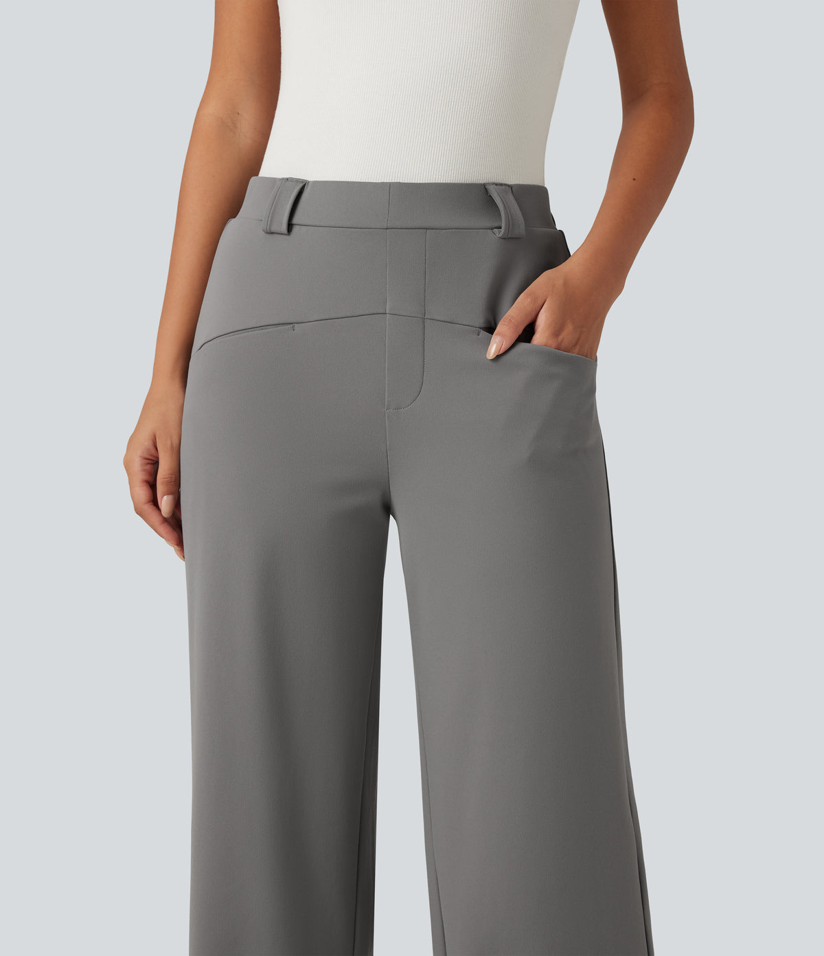 Mid Rise Wide Leg Work Trousers with Pockets — Silent Storm — view 4