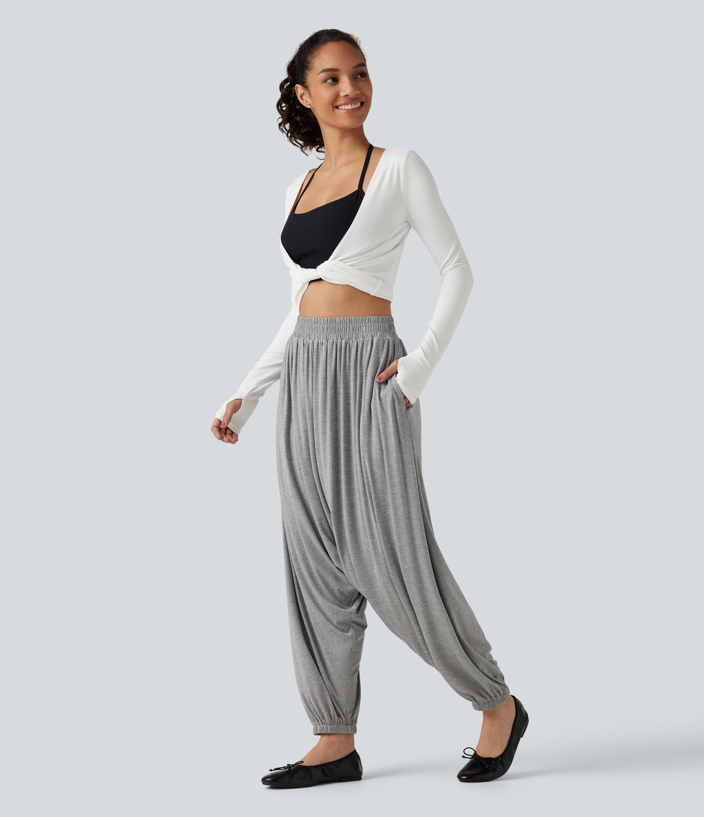 High Waisted Relaxed Casual Jogger with Pockets — Gray White Mix — view 8