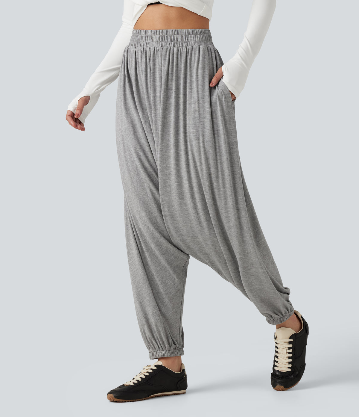 High Waisted Relaxed Casual Jogger with Pockets — Gray White Mix — view 1