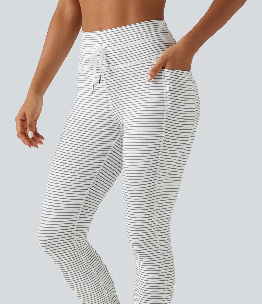 High Waisted Butt Lifting Drawstring Stripe Yoga Leggings with Pockets — Zebra Ripple — view 4