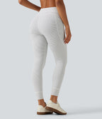 High Waisted Butt Lifting Drawstring Stripe Yoga Leggings with Pockets — Zebra Ripple — view 2