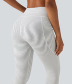High Waisted Butt Lifting Drawstring Stripe Yoga Leggings with Pockets — Zebra Ripple — view 5