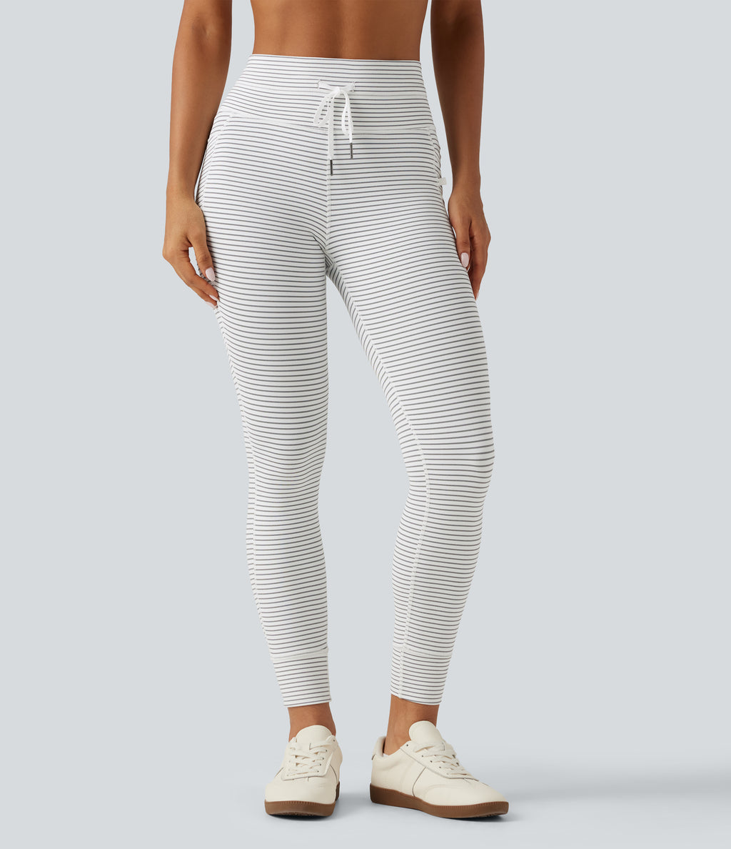 High Waisted Butt Lifting Drawstring Stripe Yoga Leggings with Pockets — Zebra Ripple — view 3