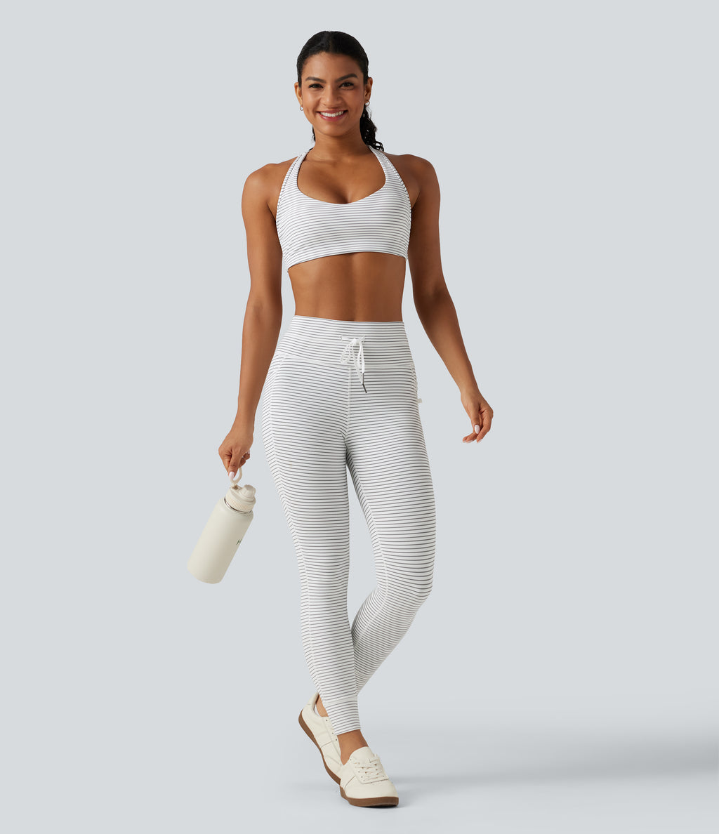 High Waisted Butt Lifting Drawstring Stripe Yoga Leggings with Pockets — Zebra Ripple — view 8