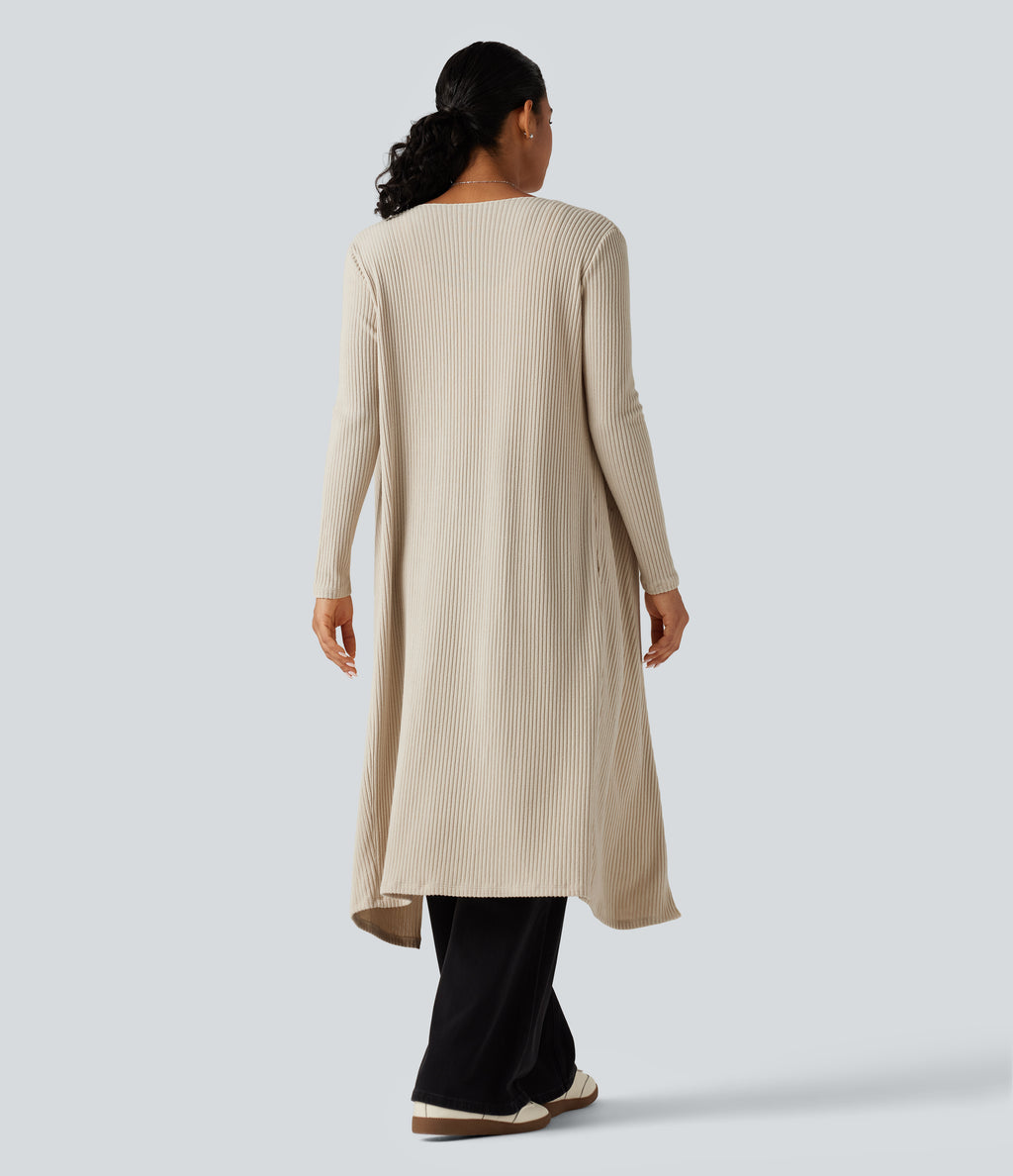 Ribbed Knit Open Front Long Sleeve Casual Longline Waterfall Cardigan with Pockets — Whipped Taupe — view 2