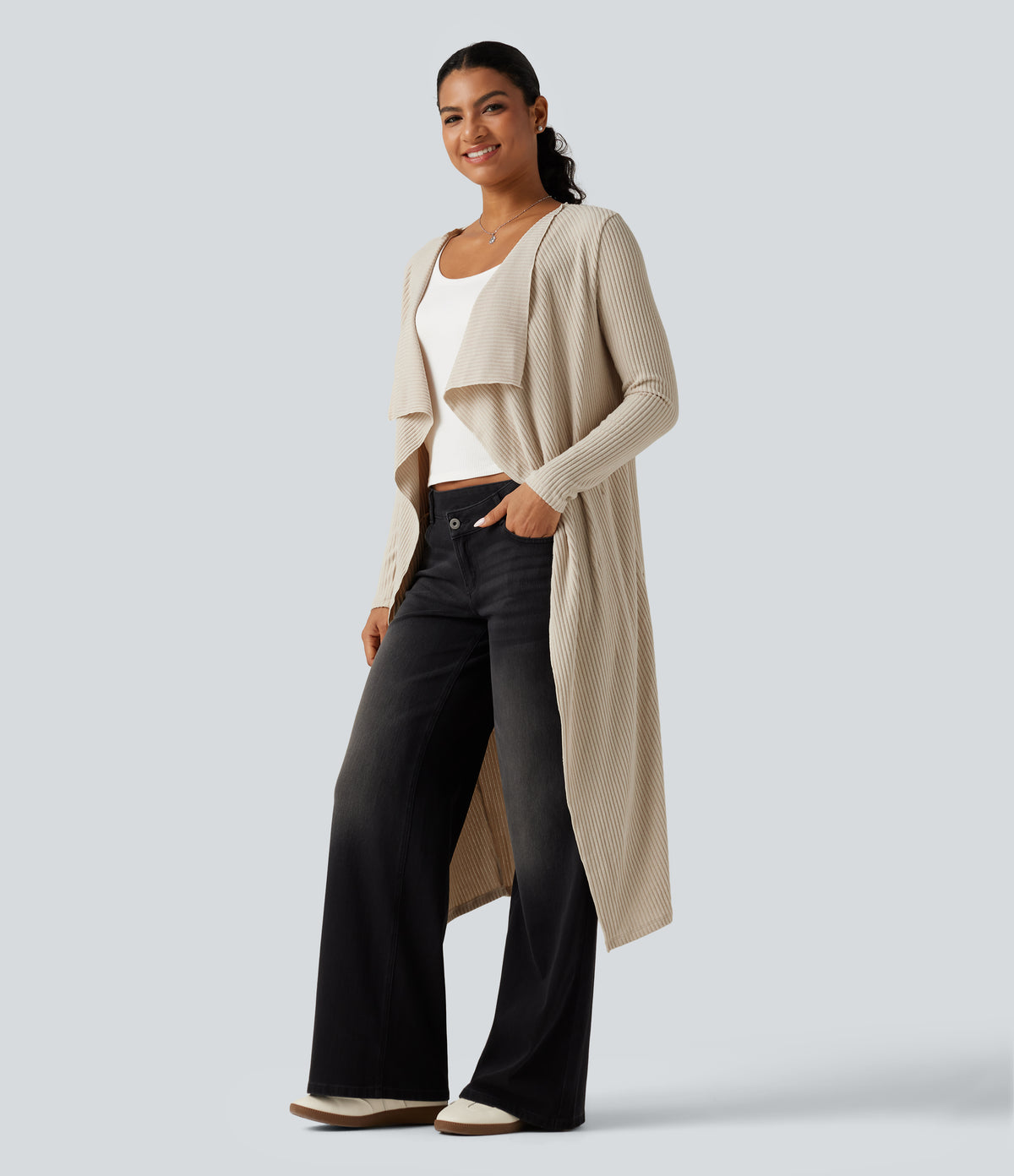 Ribbed Knit Open Front Long Sleeve Casual Longline Waterfall Cardigan with Pockets — Whipped Taupe — view 3