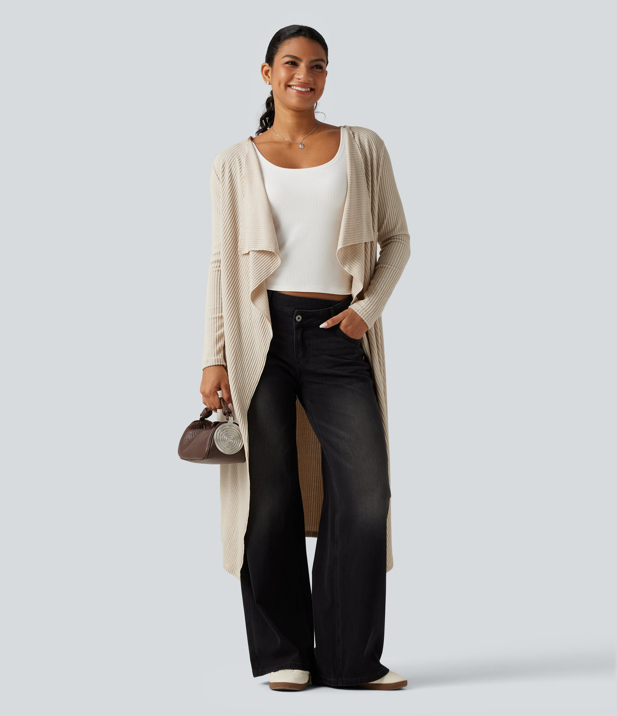 Ribbed Knit Open Front Long Sleeve Casual Longline Waterfall Cardigan with Pockets — Whipped Taupe — view 4