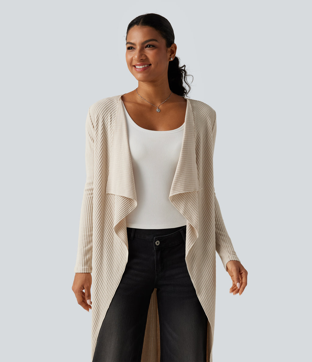 Ribbed Knit Open Front Long Sleeve Casual Longline Waterfall Cardigan with Pockets — Whipped Taupe — view 1