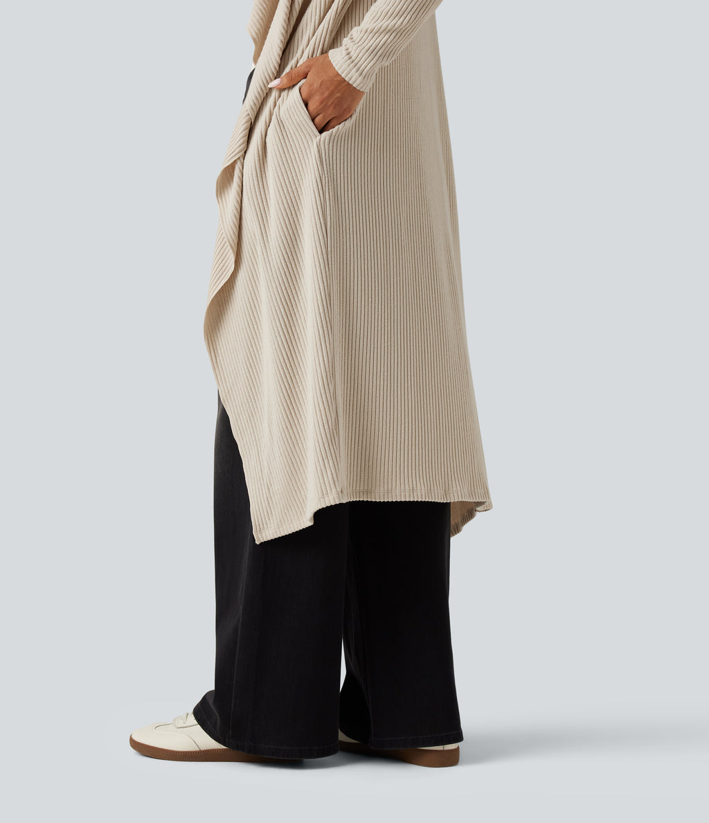 Ribbed Knit Open Front Long Sleeve Casual Longline Waterfall Cardigan with Pockets — Whipped Taupe — view 5