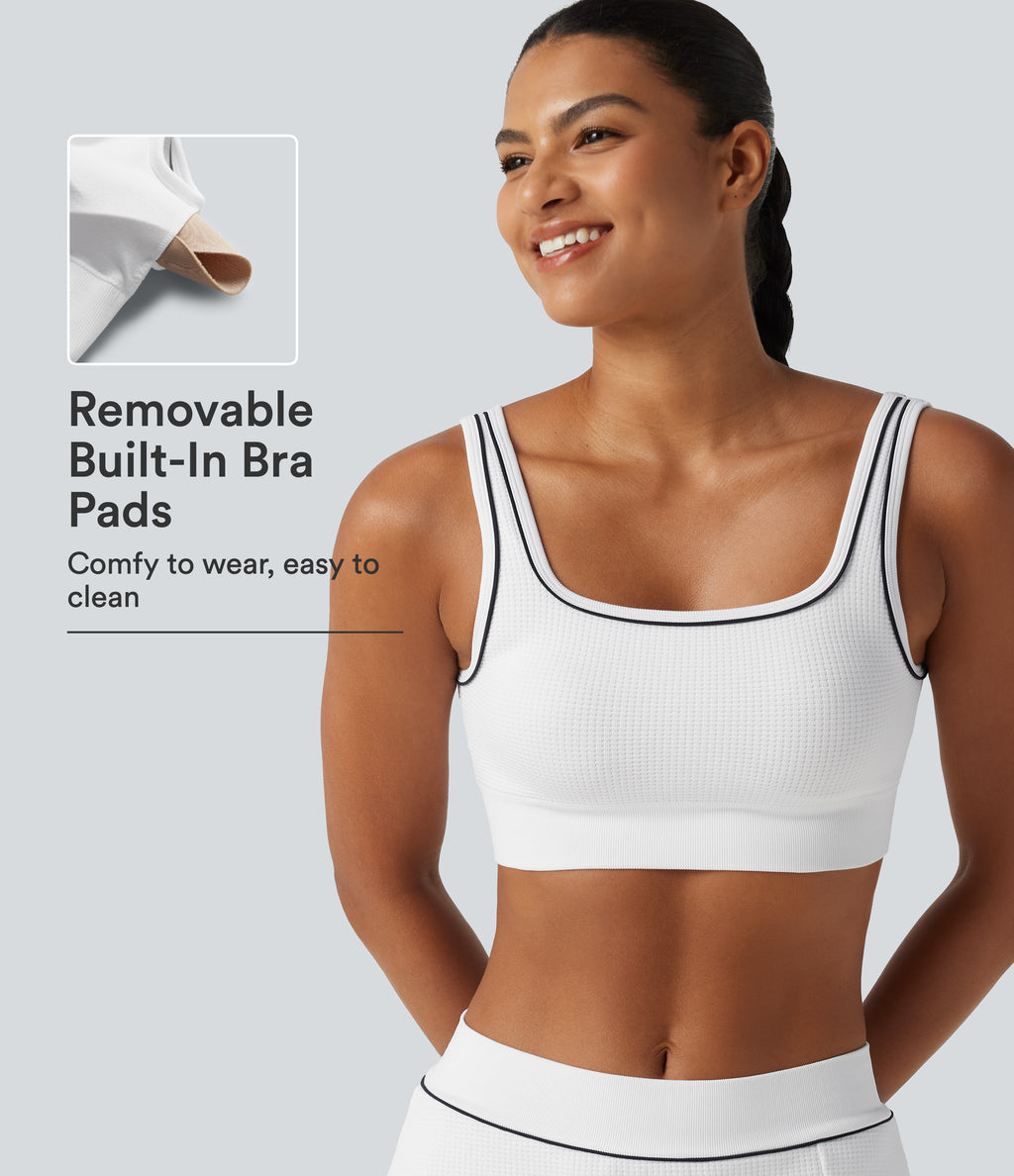 Light Support Square Neck Built-in Bra Waffle Workout Sports Bra — White — view 1