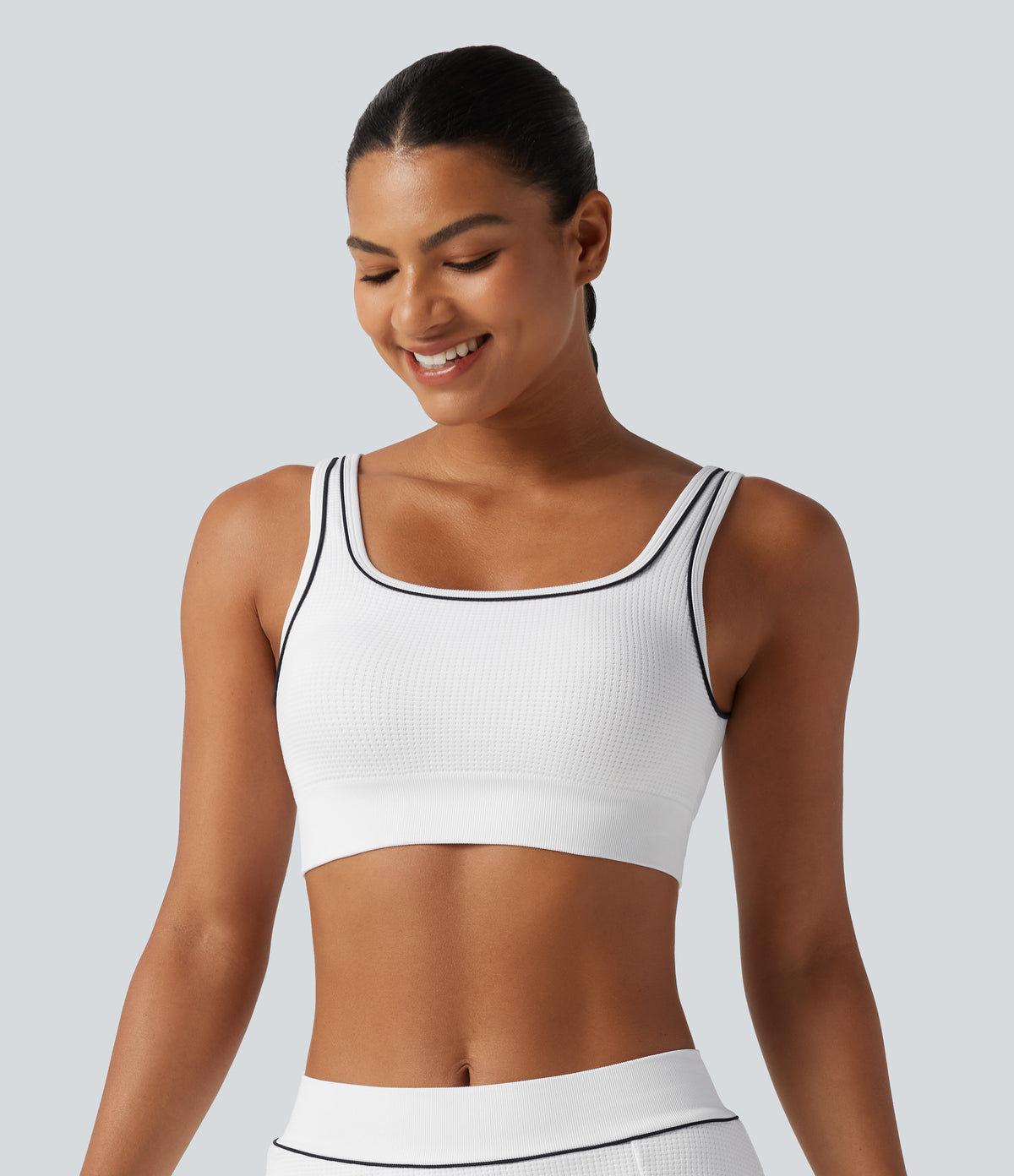 Light Support Square Neck Built-in Bra Waffle Workout Sports Bra — White — view 3
