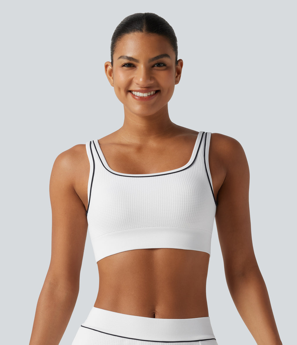 Light Support Square Neck Built-in Bra Waffle Workout Sports Bra — White — view 4