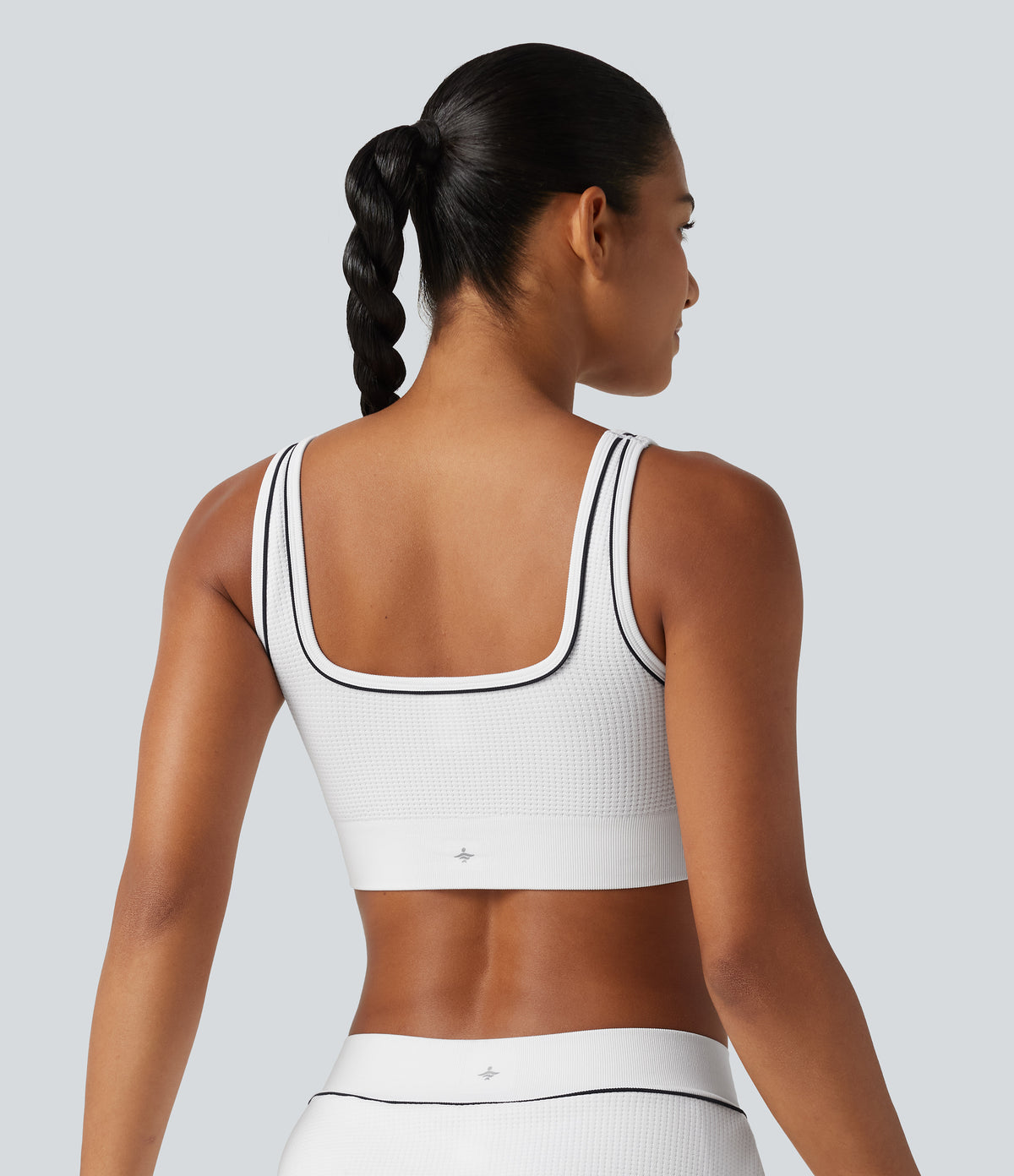 Light Support Square Neck Built-in Bra Waffle Workout Sports Bra — White — view 2