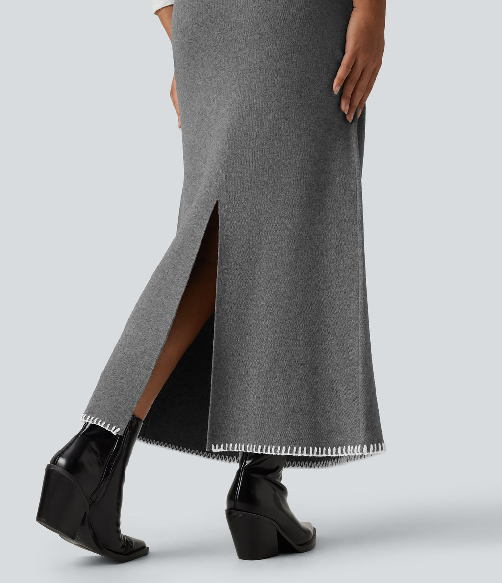 High Waisted Split Midi Work Pencil Sweater Skirt — Gull — view 4