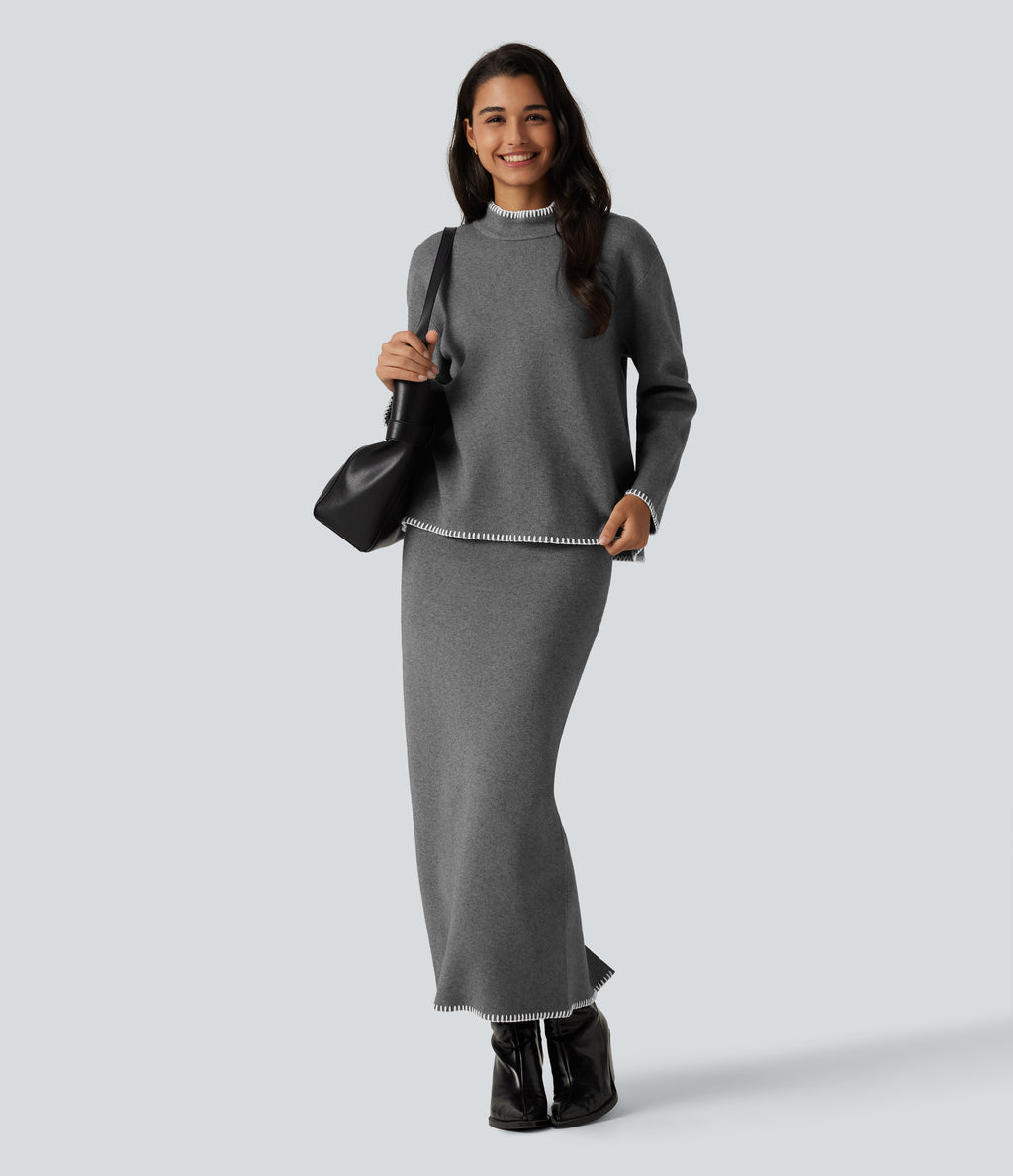 High Waisted Split Midi Work Pencil Sweater Skirt — Gull — view 6