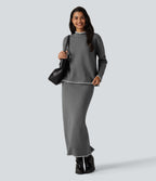 High Waisted Split Midi Work Pencil Sweater Skirt — Gull — view 6
