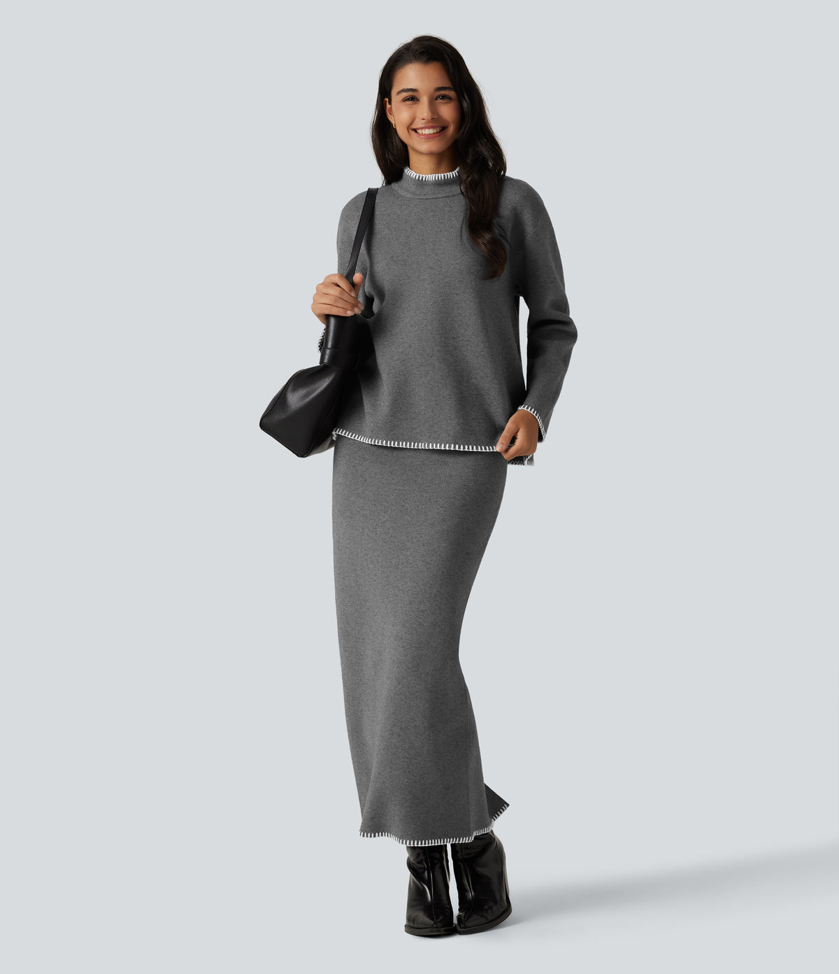 High Waisted Split Midi Work Pencil Sweater Skirt — Gull — view 6