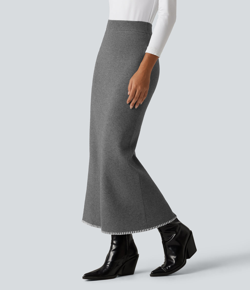 High Waisted Split Midi Work Pencil Sweater Skirt — Gull — view 3