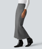 High Waisted Split Midi Work Pencil Sweater Skirt — Gull — view 3