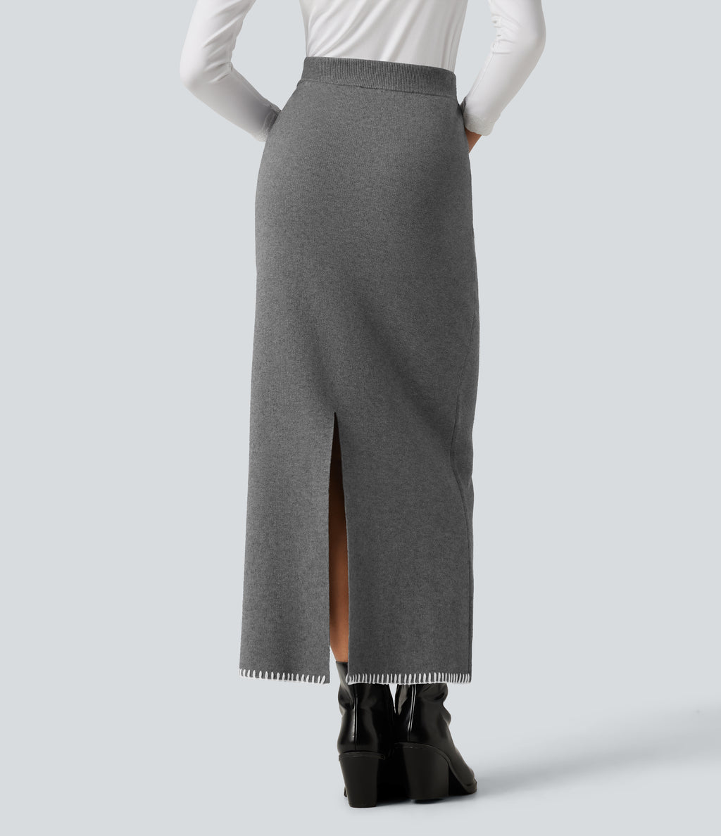 High Waisted Split Midi Work Pencil Sweater Skirt — Gull — view 2