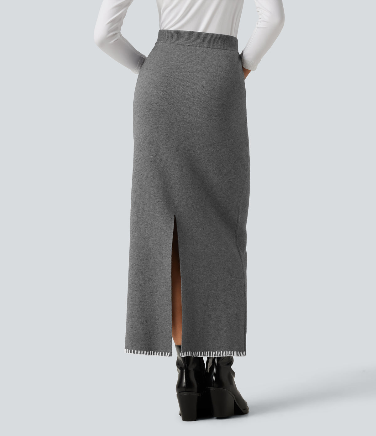 High Waisted Split Midi Work Pencil Sweater Skirt — Gull — view 2
