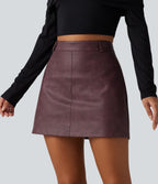 High Waisted A-Line 2-in-1 PU Mini Casual Skirt — Burgundy Fine Grain — view 4