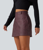 High Waisted A-Line 2-in-1 PU Mini Casual Skirt — Burgundy Fine Grain — view 3