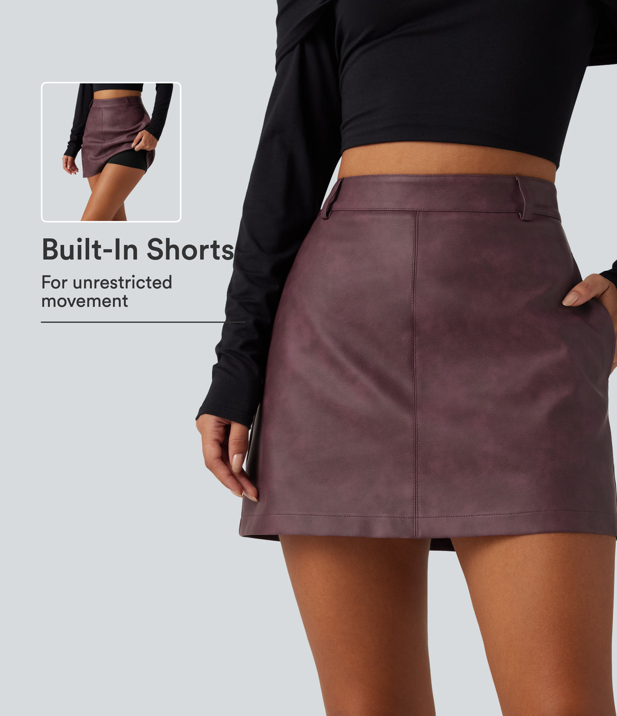 High Waisted A-Line 2-in-1 PU Mini Casual Skirt — Burgundy Fine Grain — view 1