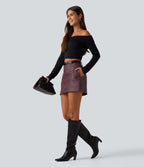 High Waisted A-Line 2-in-1 PU Mini Casual Skirt — Burgundy Fine Grain — view 7