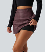 High Waisted A-Line 2-in-1 PU Mini Casual Skirt — Burgundy Fine Grain — view 6