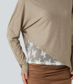 Off Shoulder Long Sleeve Contrast Lace Color Block Casual Top — Khaki Floral Yarn — view 6