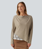 Off Shoulder Long Sleeve Contrast Lace Color Block Casual Top — Khaki Floral Yarn — view 4