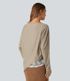 Off Shoulder Long Sleeve Contrast Lace Color Block Casual Top — Khaki Floral Yarn — view 2