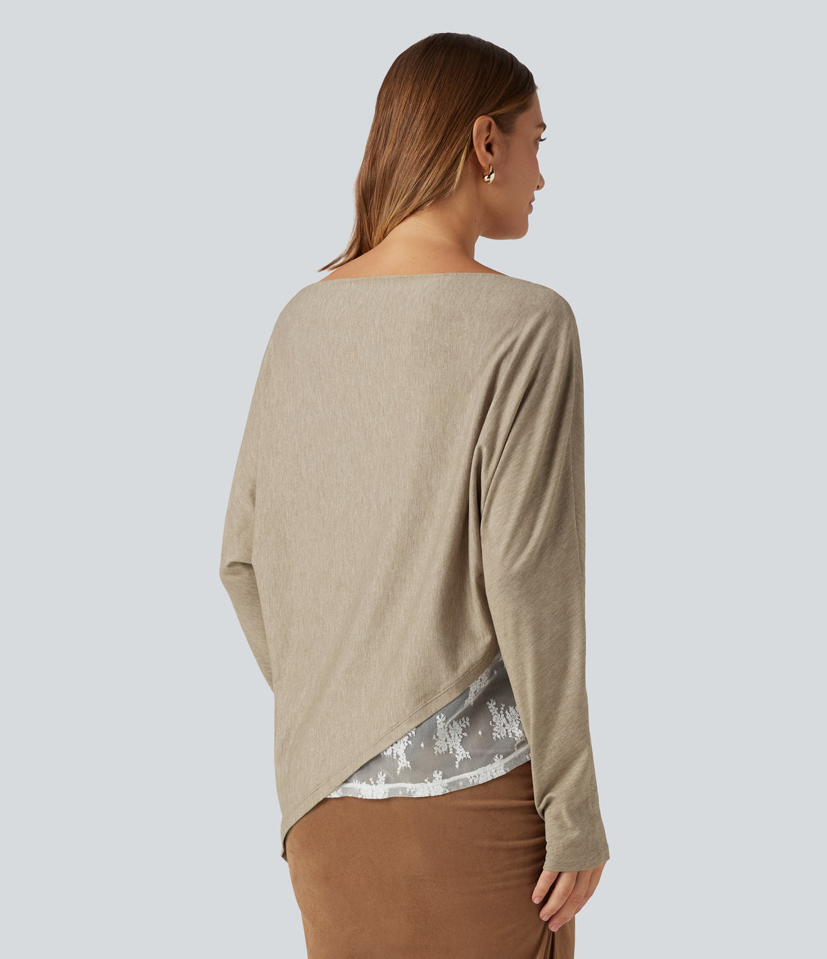 Off Shoulder Long Sleeve Contrast Lace Color Block Casual Top — Khaki Floral Yarn — view 2