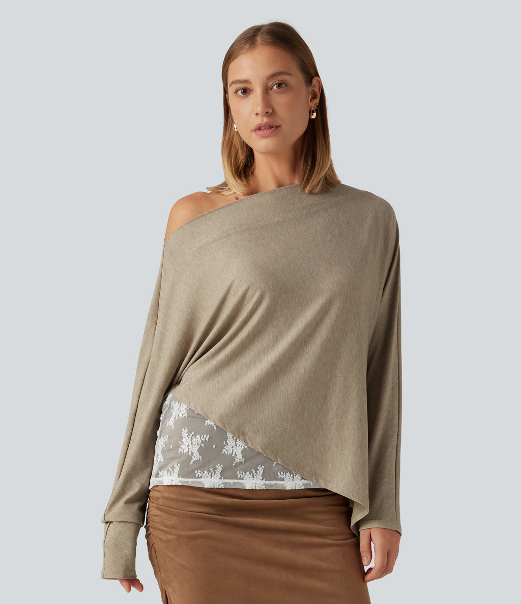 Off Shoulder Long Sleeve Contrast Lace Color Block Casual Top — Khaki Floral Yarn — view 5