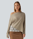 Off Shoulder Long Sleeve Contrast Lace Color Block Casual Top — Khaki Floral Yarn — view 5