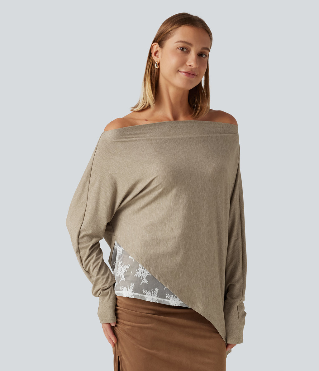Off Shoulder Long Sleeve Contrast Lace Color Block Casual Top — Khaki Floral Yarn — view 3