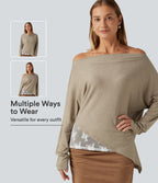 Off Shoulder Long Sleeve Contrast Lace Color Block Casual Top — Khaki Floral Yarn — view 1