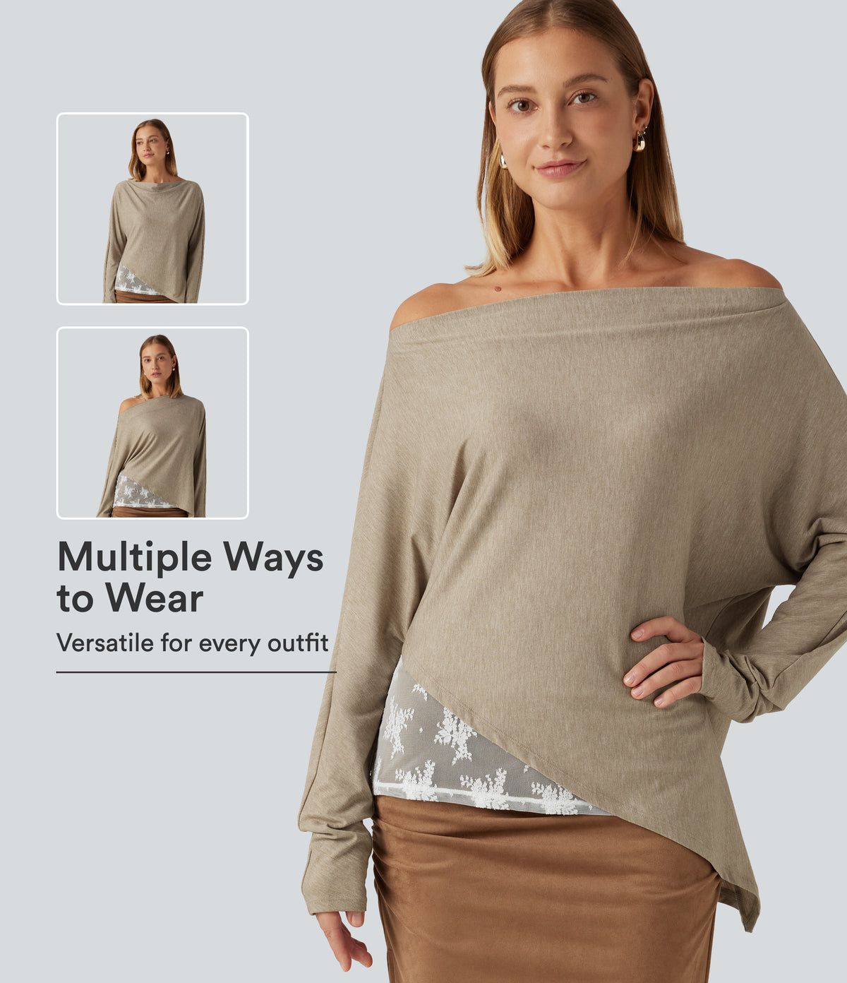 Off Shoulder Long Sleeve Contrast Lace Color Block Casual Top — Khaki Floral Yarn — view 1