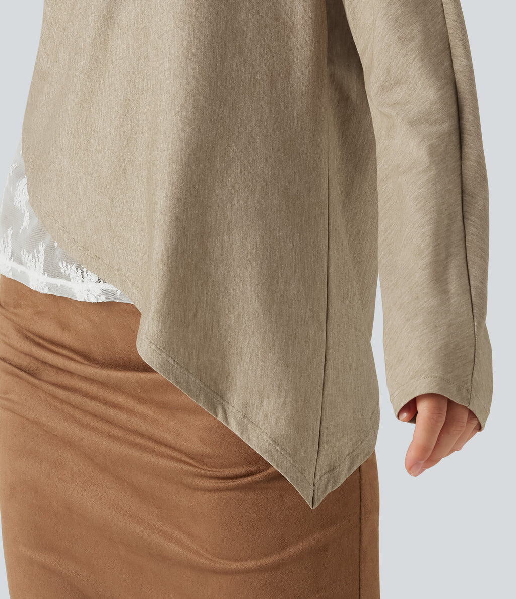 Off Shoulder Long Sleeve Contrast Lace Color Block Casual Top — Khaki Floral Yarn — view 7
