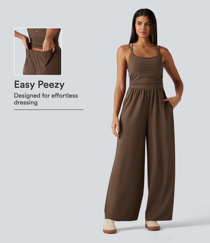 U Neck Sleeveless Crossover Built-in Bra Wide Leg Casual Jumpsuit with Pockets — Chestnut — view 1